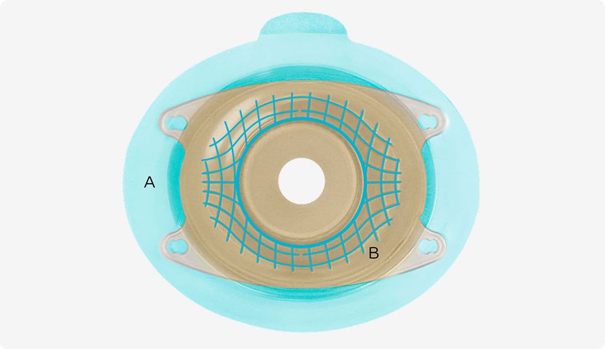 Illustration von SenSura Mio Konvex Basisplatte und der verschiedenen Zonen für Hautschutz und Flexlinien