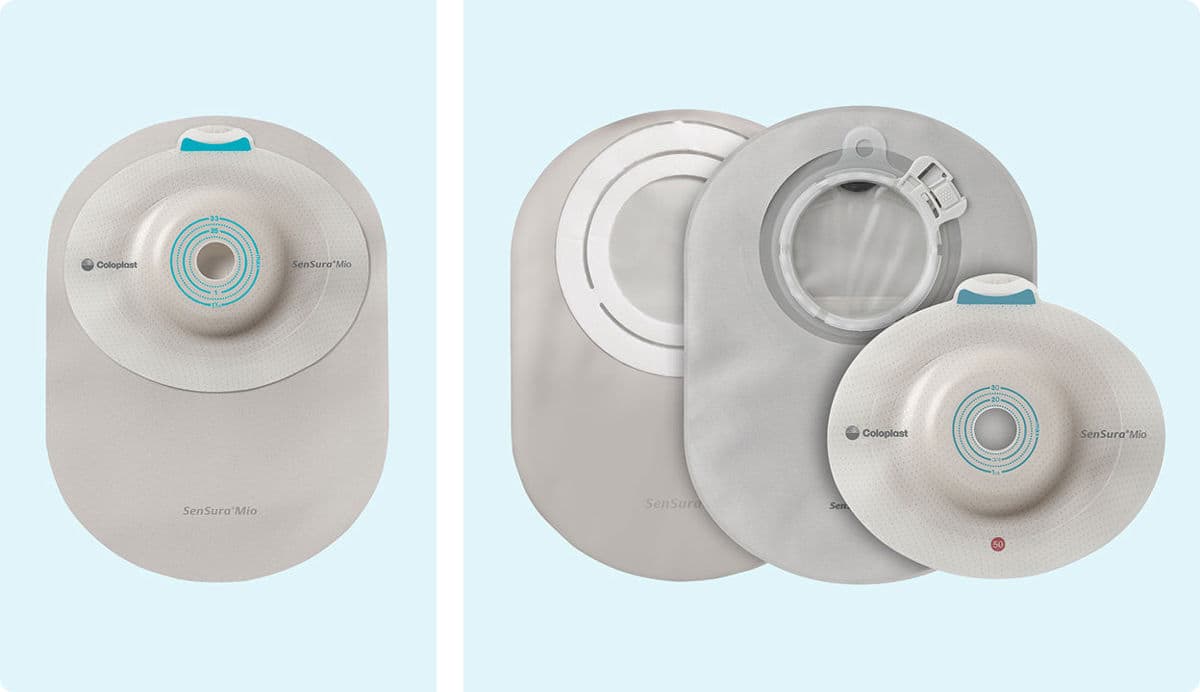 Einteiliger Stomabeutel und zweiteiliger Stomabeutel mit Klick- oder Flexkopplung auf hellblauem Hintergrund