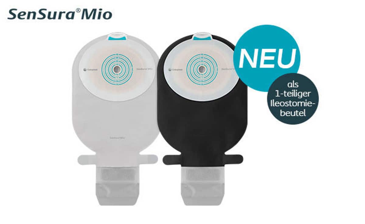 Grauer und schwarzer Ileostomabeutel von SenSura Mio mit Texten Neu als 1-teiliger Stomabeutel